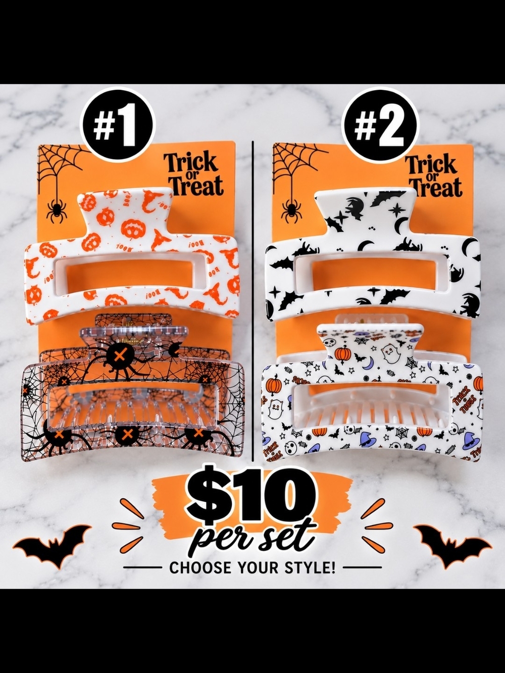 Halloween Kids Hair Claw Clip Set - White & Orange